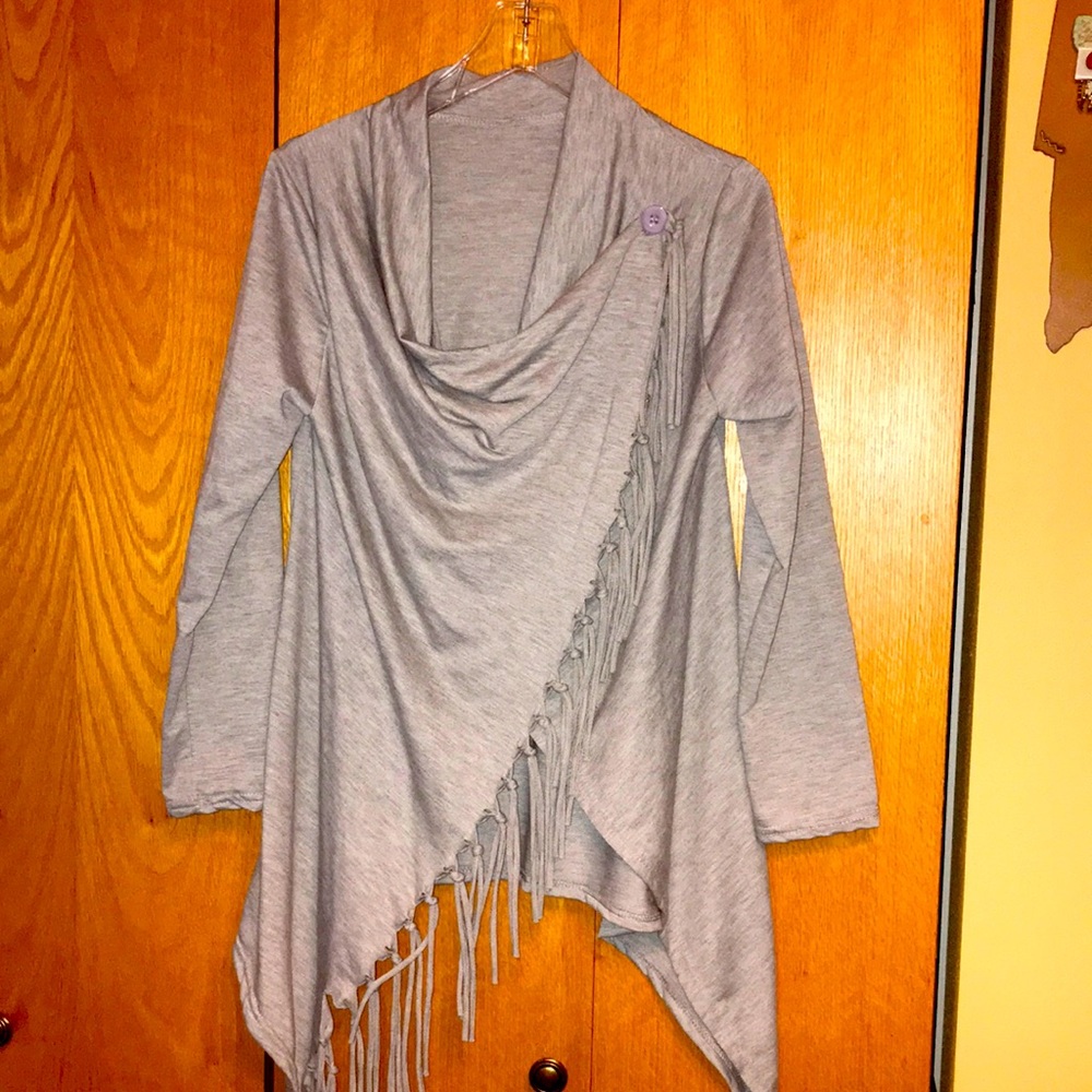Draped Heather gray fringed button shoulder pullover jacket top layer EUC